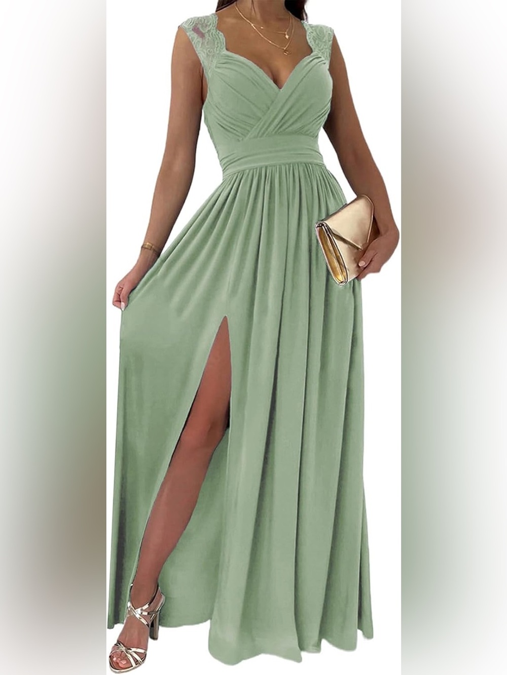 Dokotoo Sage Green Lace Trim Wrap V-Neck Maxi Dress Size M